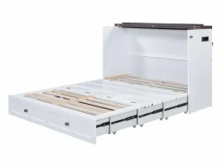 New ModernLuxe Cama retráctil de madera 140x200 cm - con tomas USB y almacenamiento - Blanco