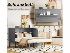 Cama retráctil 140x200 cm, con somier, cama plegable abatible, dimensiones después del plegado: 70x140cm, sin colchón, madera, Gris