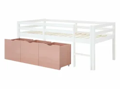 Best Cama semielevada 90 x 190 cm con almacenamiento en pino y mdf blanco y rosa - LANIORI Cama Con Almacenaje