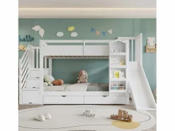 Clearance ModernLuxe Cama superpuesta infantil 90x200 cm - con escalera de almacenamiento y tobogán - con una biblioteca ilustrada - con 2 cajones - ​ (sin colchón) Blanco
