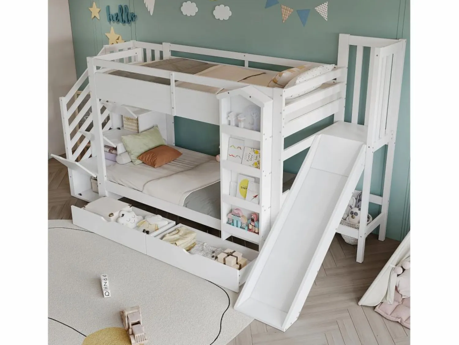 Clearance ModernLuxe Cama superpuesta infantil 90x200 cm - con escalera de almacenamiento y tobogán - con una biblioteca ilustrada - con 2 cajones - (sin colchón) Blanco