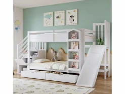 Clearance ModernLuxe Cama superpuesta infantil 90x200 cm - con escalera de almacenamiento y tobogán - con una biblioteca ilustrada - con 2 cajones - (sin colchón) Blanco