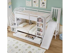 Clearance ModernLuxe Cama superpuesta infantil 90x200 cm - con escalera de almacenamiento y tobogán - con una biblioteca ilustrada - con 2 cajones - (sin colchón) Blanco