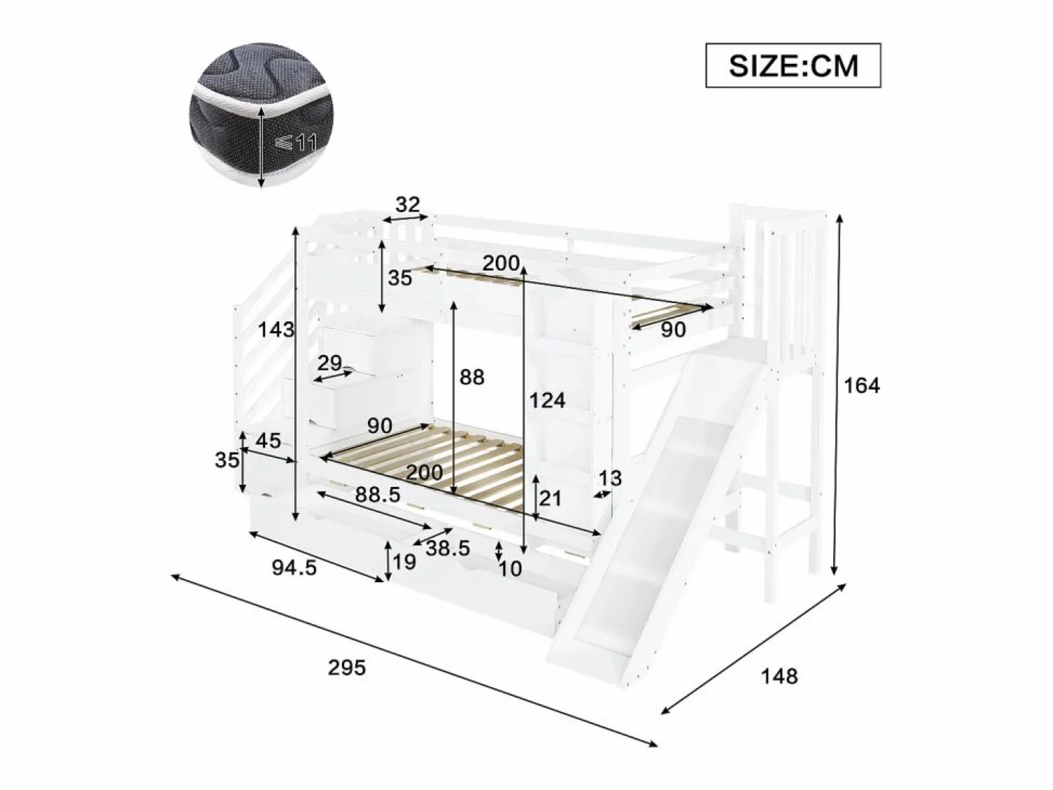 Clearance ModernLuxe Cama superpuesta infantil 90x200 cm - con escalera de almacenamiento y tobogán - con una biblioteca ilustrada - con 2 cajones - (sin colchón) Blanco