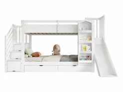 Clearance ModernLuxe Cama superpuesta infantil 90x200 cm - con escalera de almacenamiento y tobogán - con una biblioteca ilustrada - con 2 cajones - (sin colchón) Blanco