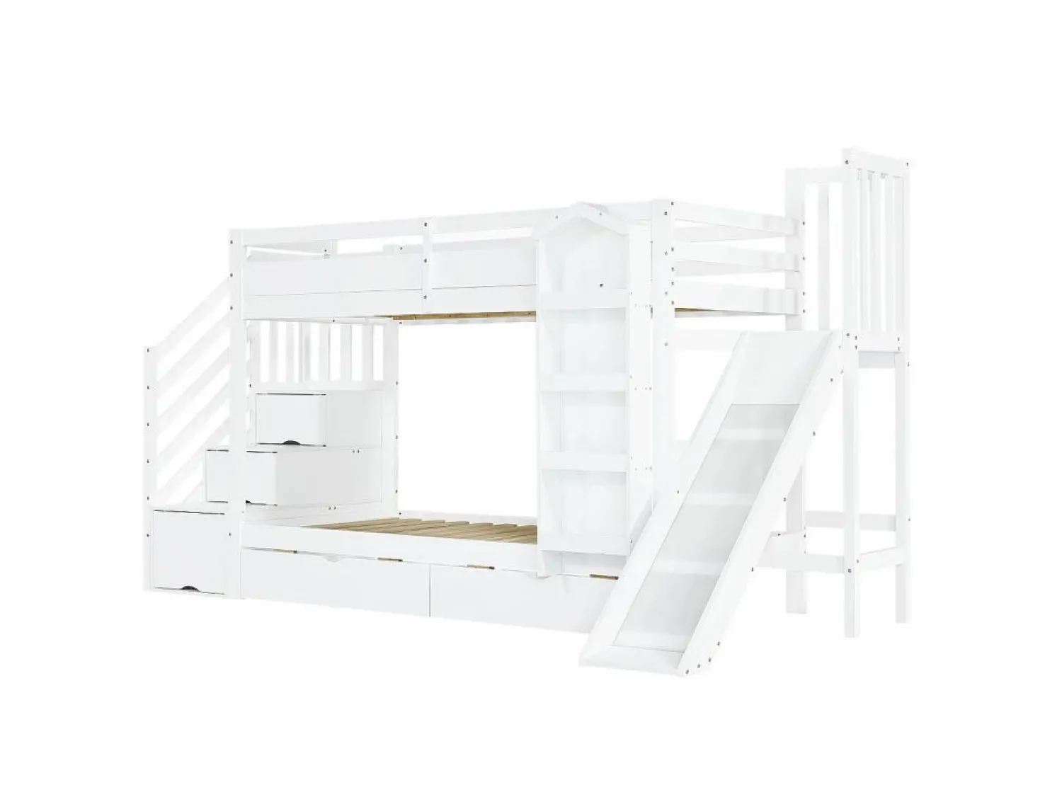 Clearance ModernLuxe Cama superpuesta infantil 90x200 cm - con escalera de almacenamiento y tobogán - con una biblioteca ilustrada - con 2 cajones - (sin colchón) Blanco