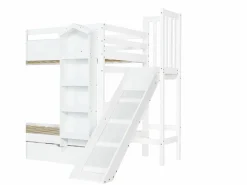 Clearance ModernLuxe Cama superpuesta infantil 90x200 cm - con escalera de almacenamiento y tobogán - con una biblioteca ilustrada - con 2 cajones - (sin colchón) Blanco