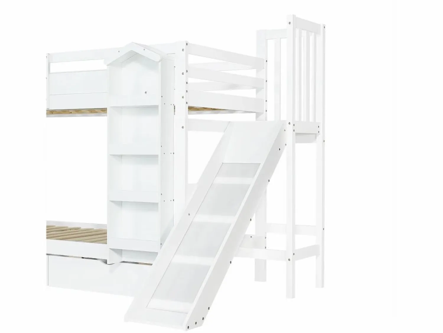 Clearance ModernLuxe Cama superpuesta infantil 90x200 cm - con escalera de almacenamiento y tobogán - con una biblioteca ilustrada - con 2 cajones - (sin colchón) Blanco