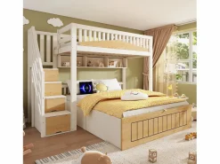 Discount Cama superpuesta 90x200cm + 140x200cm - Cama inferior con espacio de almacenamiento - escalera con almacenamiento - con puerto USB - Blanco+Natural​ (sin colchón) Cama Litera