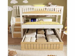 Discount Cama superpuesta 90x200cm + 140x200cm - Cama inferior con espacio de almacenamiento - escalera con almacenamiento - con puerto USB - Blanco+Natural​ (sin colchón) Cama Litera