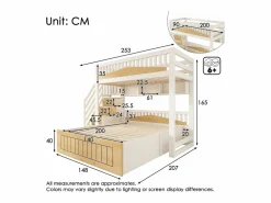 Discount Cama superpuesta 90x200cm + 140x200cm - Cama inferior con espacio de almacenamiento - escalera con almacenamiento - con puerto USB - Blanco+Natural​ (sin colchón) Cama Litera