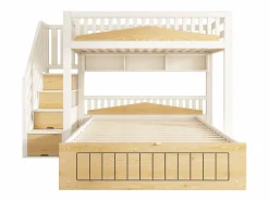 Discount Cama superpuesta 90x200cm + 140x200cm - Cama inferior con espacio de almacenamiento - escalera con almacenamiento - con puerto USB - Blanco+Natural​ (sin colchón) Cama Litera