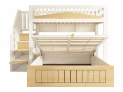 Discount Cama superpuesta 90x200cm + 140x200cm - Cama inferior con espacio de almacenamiento - escalera con almacenamiento - con puerto USB - Blanco+Natural​ (sin colchón) Cama Litera