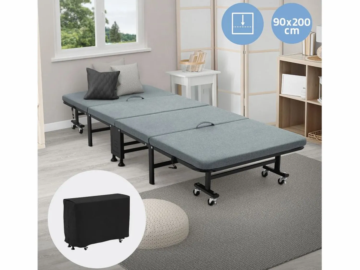 ECD Germany Cama supletoria 90x200 cm, Cama individual plegable, con colchón/relleno, cama de viaje