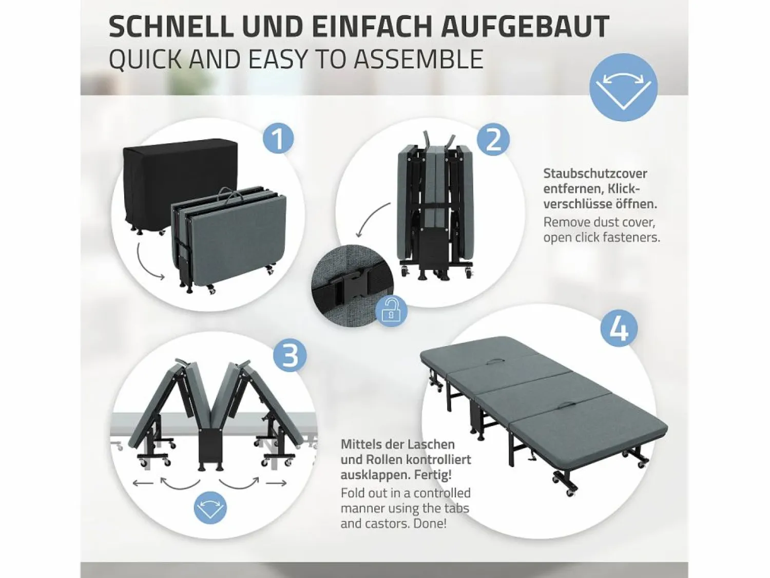 ECD Germany Cama supletoria 90x200 cm, Cama individual plegable, con colchón/relleno, cama de viaje