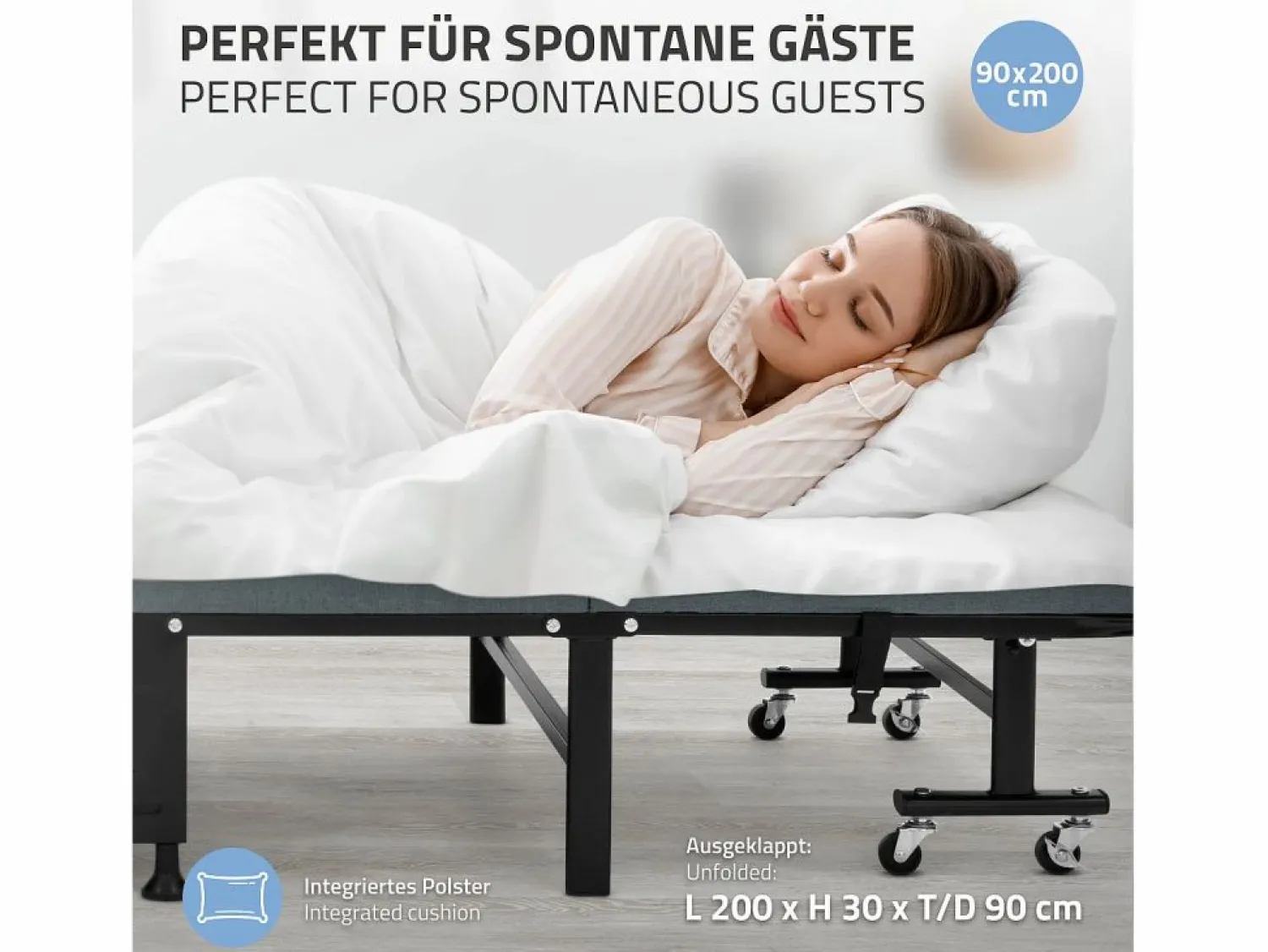 ECD Germany Cama supletoria 90x200 cm, Cama individual plegable, con colchón/relleno, cama de viaje