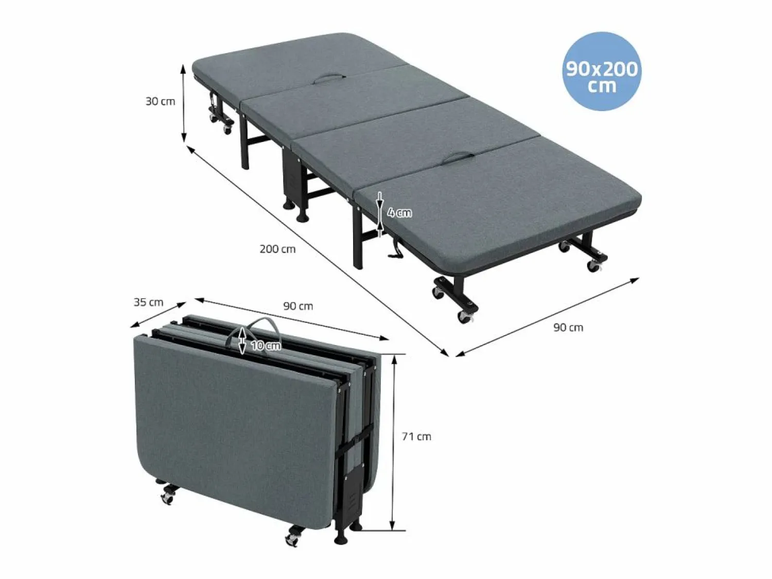 ECD Germany Cama supletoria 90x200 cm, Cama individual plegable, con colchón/relleno, cama de viaje