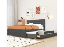 Cama tapizada, cama doble, cama familiar, cama de matrimonio con tres cajones, cama nido, cabecero regulable, , 140x200cm