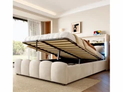 ModernLuxe Cama tapizada con almacenaje 140x200 cm - con iluminación LED - con puertos USB + Type-C - terciopelo - (colchón no incluido)