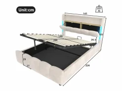 ModernLuxe Cama tapizada con almacenaje 140x200 cm - con iluminación LED - con puertos USB + Type-C - terciopelo - (colchón no incluido)
