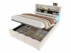 ModernLuxe Cama tapizada con almacenaje 140x200 cm - con iluminación LED - con puertos USB + Type-C - terciopelo - (colchón no incluido)