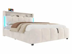 ModernLuxe Cama tapizada con almacenaje 140x200 cm - con iluminación LED - con puertos USB + Type-C - terciopelo - (colchón no incluido)