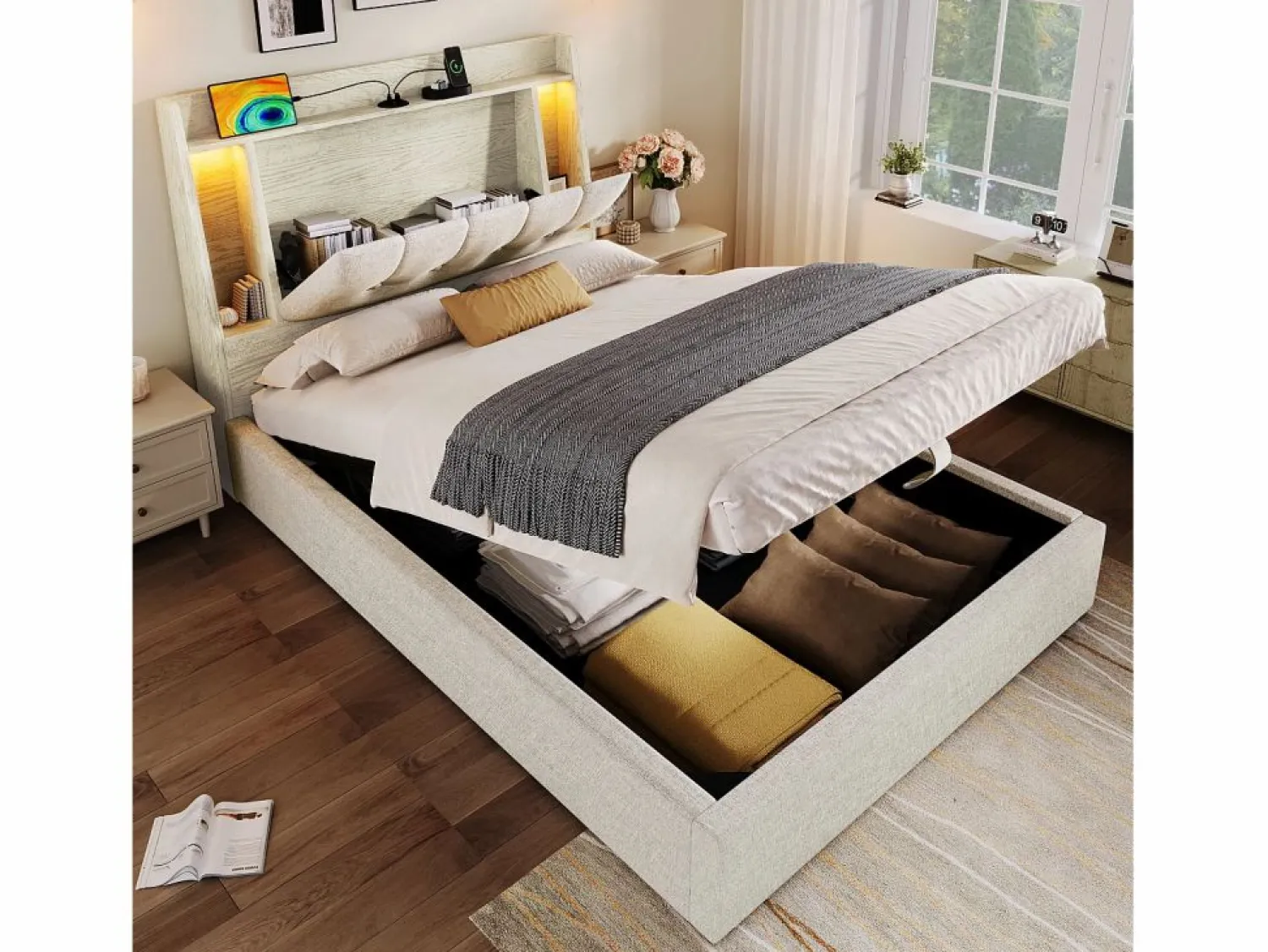 Hot Cama tapizada con almacenaje - 90 x 200 cm - con USB + LED + cabecero con almacenaje - lino - Cama Con Canapé|Cama Infantil