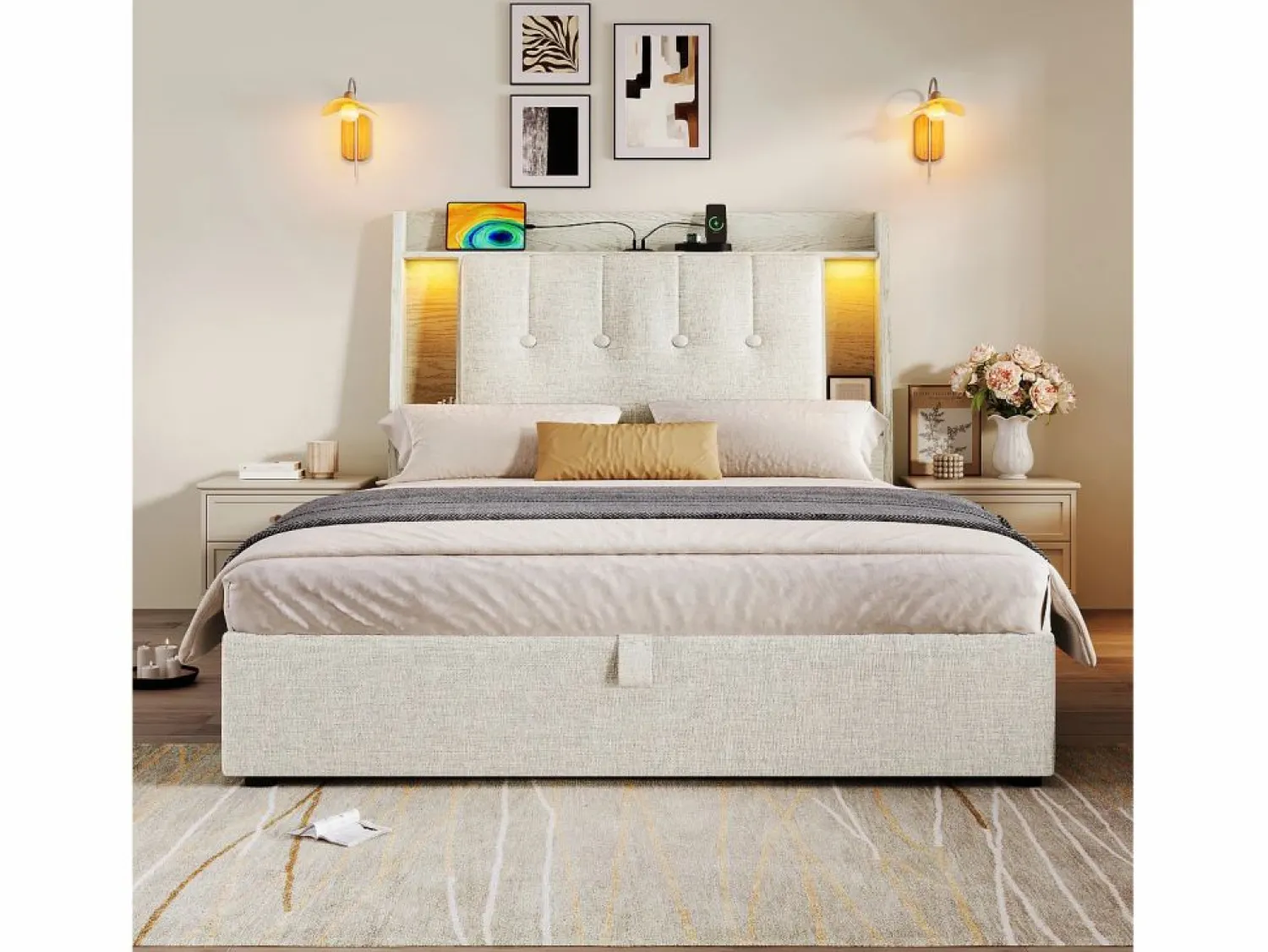Hot Cama tapizada con almacenaje - 90 x 200 cm - con USB + LED + cabecero con almacenaje - lino - Cama Con Canapé|Cama Infantil