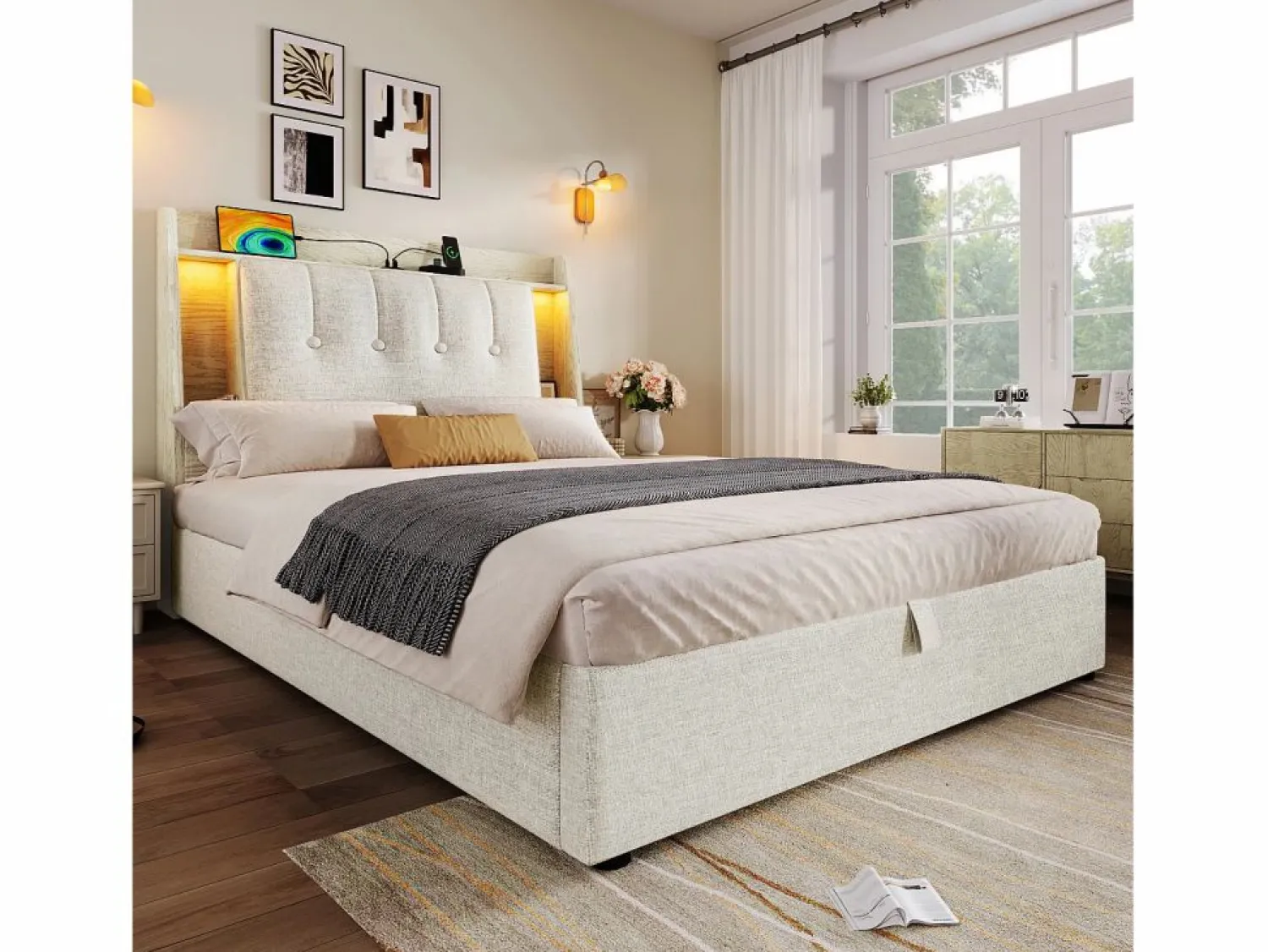 Hot Cama tapizada con almacenaje - 90 x 200 cm - con USB + LED + cabecero con almacenaje - lino - Cama Con Canapé|Cama Infantil