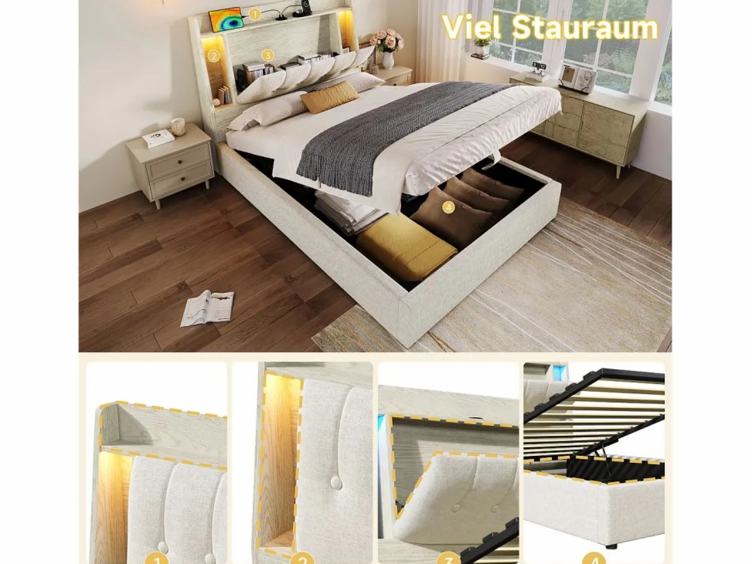 Hot Cama tapizada con almacenaje - 90 x 200 cm - con USB + LED + cabecero con almacenaje - lino - Cama Con Canapé|Cama Infantil