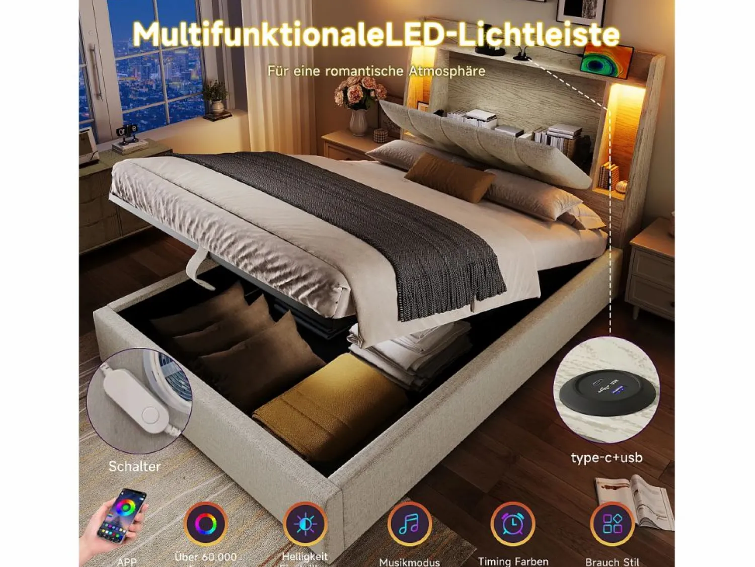 Hot Cama tapizada con almacenaje - 90 x 200 cm - con USB + LED + cabecero con almacenaje - lino - Cama Con Canapé|Cama Infantil