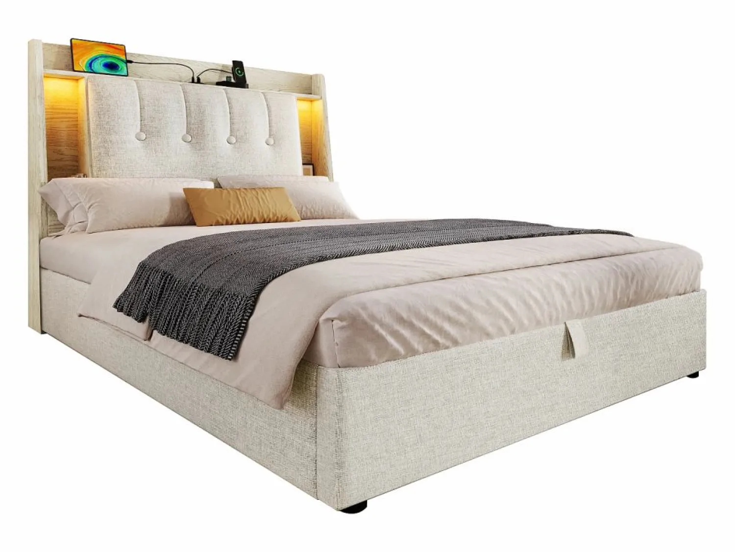 Hot Cama tapizada con almacenaje - 90 x 200 cm - con USB + LED + cabecero con almacenaje - lino - Cama Con Canapé|Cama Infantil