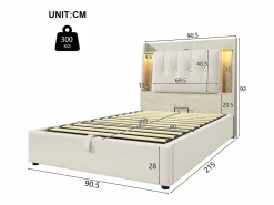 Hot Cama tapizada con almacenaje - 90 x 200 cm - con USB + LED + cabecero con almacenaje - lino - Cama Con Canapé|Cama Infantil