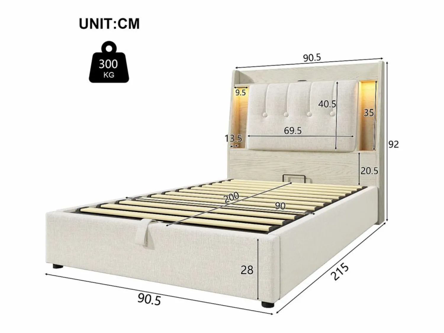 Hot Cama tapizada con almacenaje - 90 x 200 cm - con USB + LED + cabecero con almacenaje - lino - Cama Con Canapé|Cama Infantil