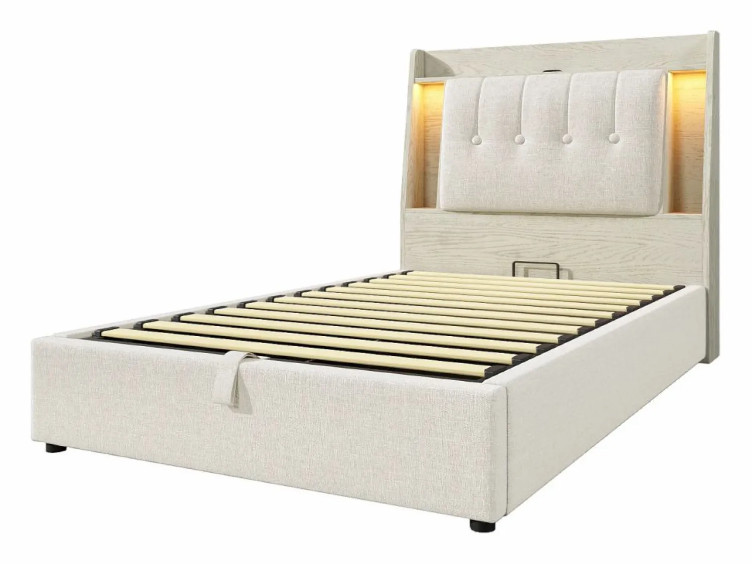 Hot Cama tapizada con almacenaje - 90 x 200 cm - con USB + LED + cabecero con almacenaje - lino - Cama Con Canapé|Cama Infantil