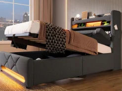 Online Cama tapizada con almacenaje 90x200 cm - con LED y puertos de carga USB - Tela de lino - Cabecero con espacio de almacenamiento - Cama Con Canapé|Cama Con Almacenaje