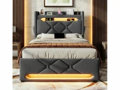 Online Cama tapizada con almacenaje 90x200 cm - con LED y puertos de carga USB - Tela de lino - Cabecero con espacio de almacenamiento - Cama Con Canapé|Cama Con Almacenaje
