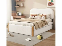 Discount ModernLuxe Cama tapizada de felpa 140x200 cm - con canapé extraíble - con somier de láminas de MDF - Blanco