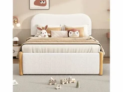 Discount ModernLuxe Cama tapizada de felpa 140x200 cm - con canapé extraíble - con somier de láminas de MDF - Blanco