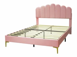 ModernLuxe Cama tapizada de terciopelo 140x200cm con somier de láminas - cabecero ajustable - Rosa