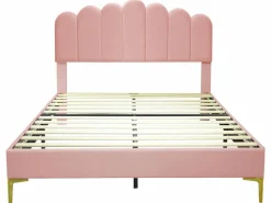 ModernLuxe Cama tapizada de terciopelo 140x200cm con somier de láminas - cabecero ajustable - Rosa
