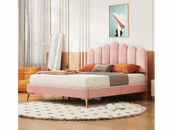 ModernLuxe Cama tapizada de terciopelo 140x200cm con somier de láminas - cabecero ajustable - Rosa