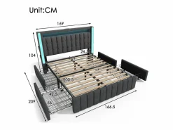 KOMHTOM Cama tapizada para adultos con cargador USB tipo C + iluminación LED + 4 cajones, cama de almacenamiento doble 160x200 cm, (sin colchón).