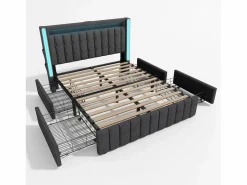 KOMHTOM Cama tapizada para adultos con cargador USB tipo C + iluminación LED + 4 cajones, cama de almacenamiento doble 160x200 cm, (sin colchón).