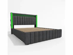 KOMHTOM Cama tapizada para adultos con cargador USB tipo C + iluminación LED + 4 cajones, cama de almacenamiento doble 160x200 cm, (sin colchón).