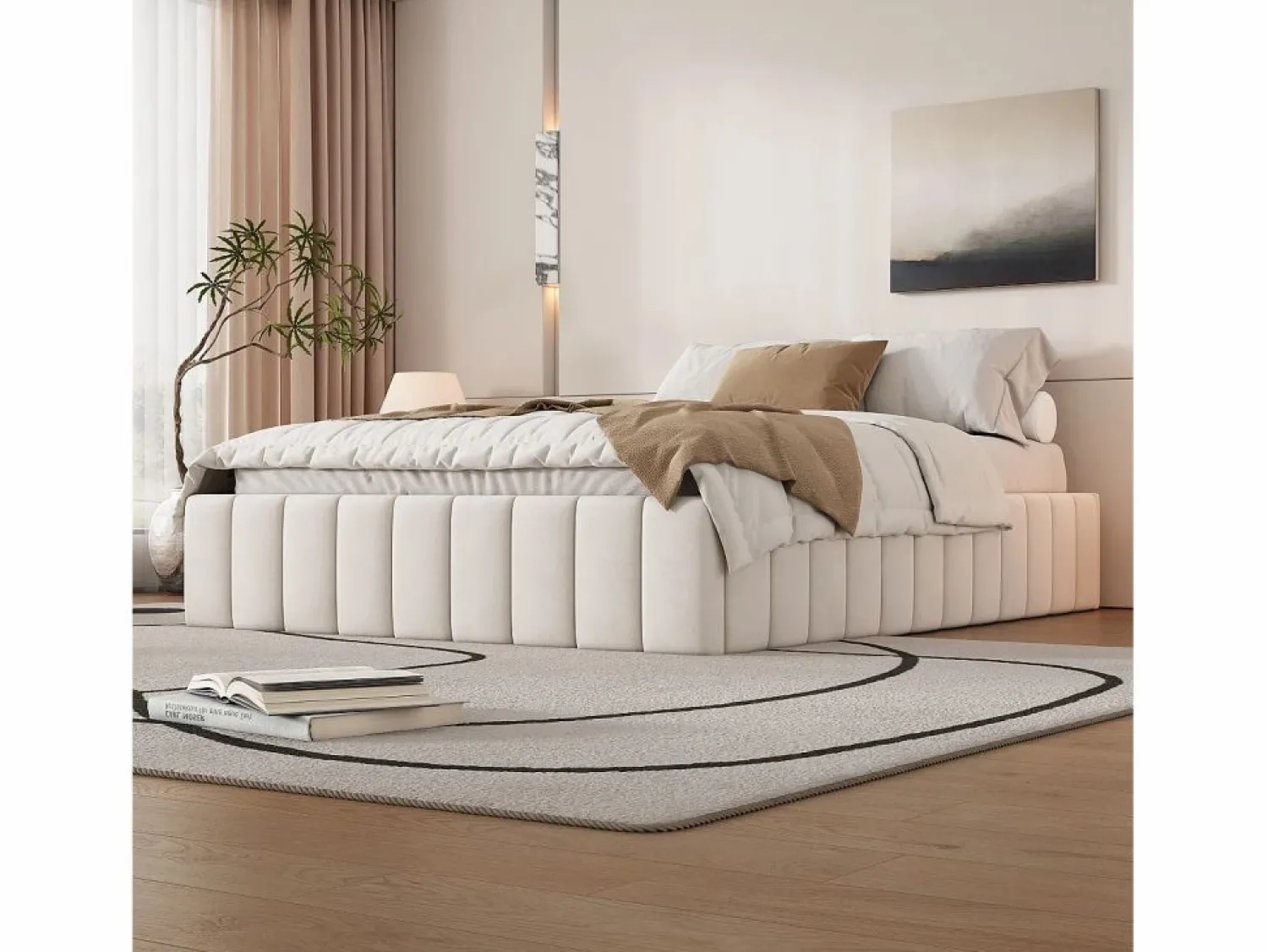 Merax Cama tapizada 140x200 cm con 4 cajones - sin cabecero - terciopelo - Beige