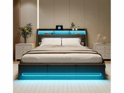 Discount Cama tapizada 140x190cm con compartimento hidráulico - iluminación LED y puerto USB - lino - Gris