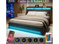 Discount Cama tapizada 140x190cm con compartimento hidráulico - iluminación LED y puerto USB - lino - Gris