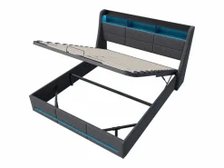 Discount Cama tapizada 140x190cm con compartimento hidráulico - iluminación LED y puerto USB - lino - Gris