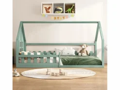 OKWISH Cama tipo cabaña de 90x200 cm, cama infantil con barandillas y somier de listones de madera - pino - (sin colchón)
